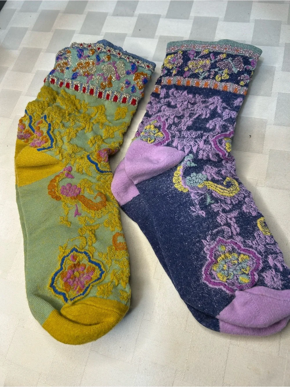 Two Pair of Floral Crew Socks - Yellow & Purple